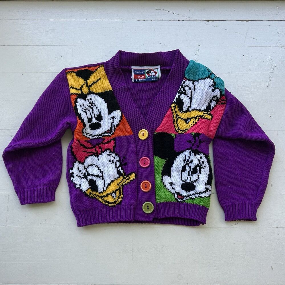 Vintage Disney Minnie Mouse Daisy Duck Knit Cardigan Sweater Size 2T